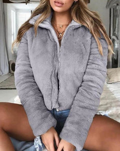 Turndown collar faux fur jackets Women long sleeve zipper