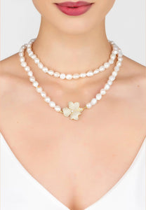 Flower Pearl Gemstone Long Necklace White Cz Gold