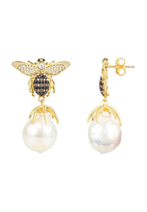 Baroque Pearl Honey Bee Drop Earrings Gold