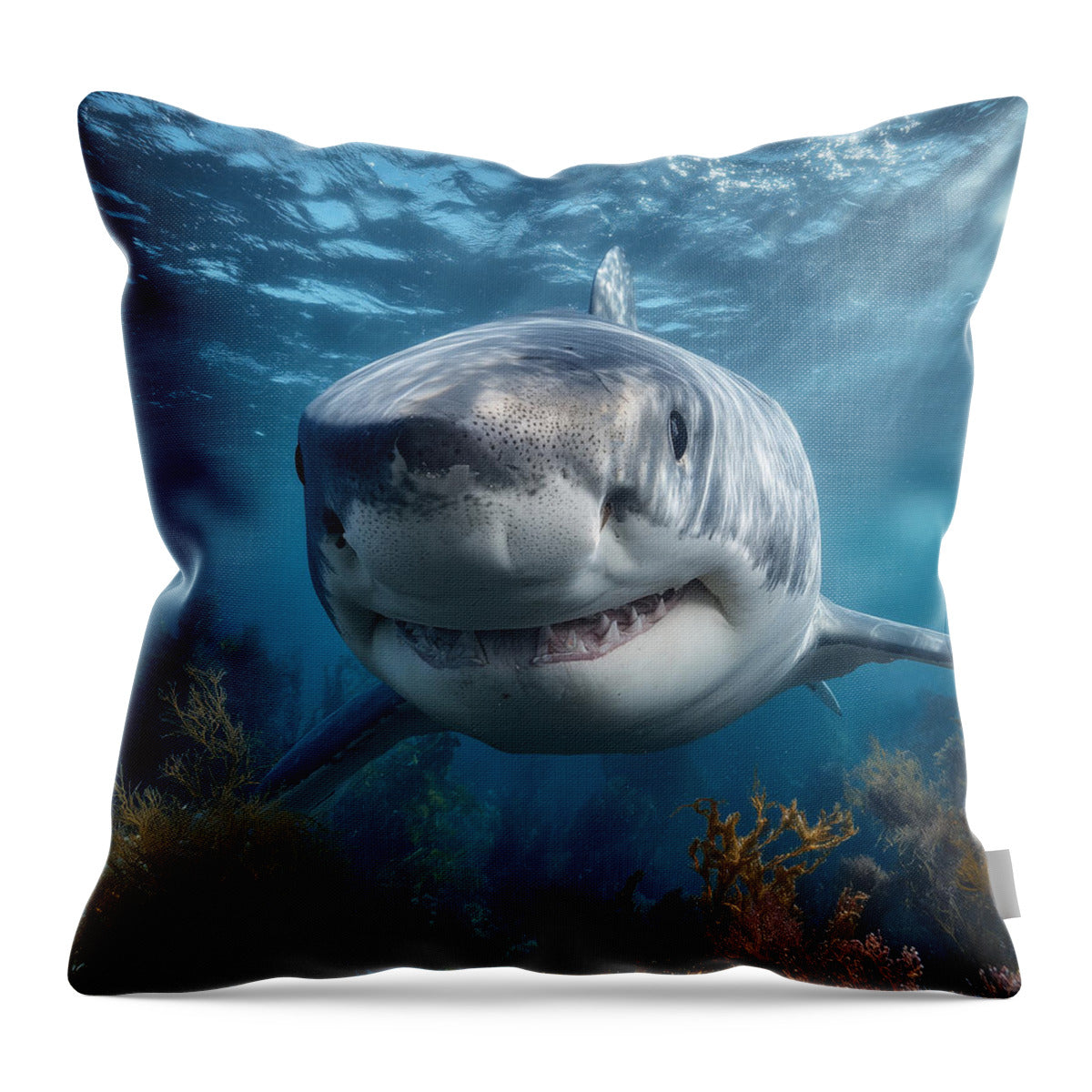 Great White Shark Swimming Underwater - Throw Pillow