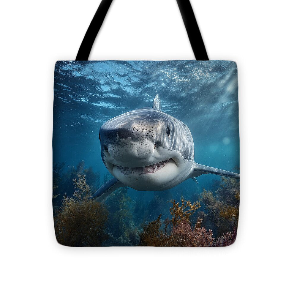 Great White Shark Swimming Underwater - Tote Bag