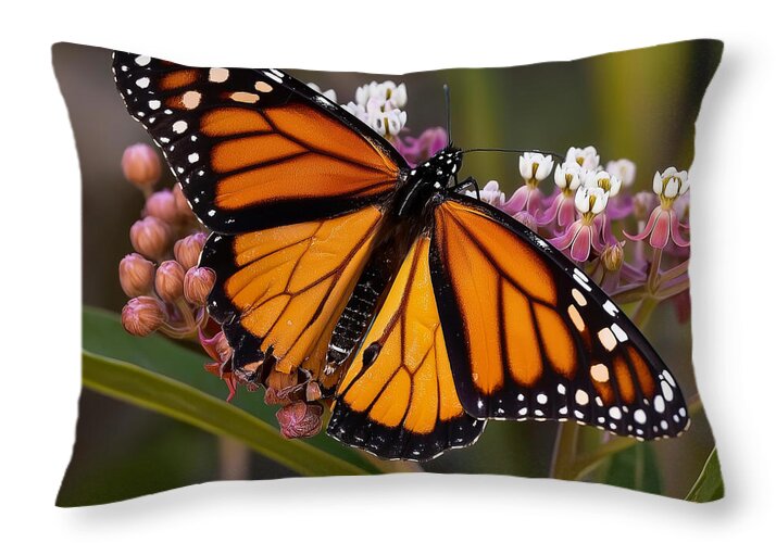 Monarch Butterfly on Bright Flowers - Throw Pillow