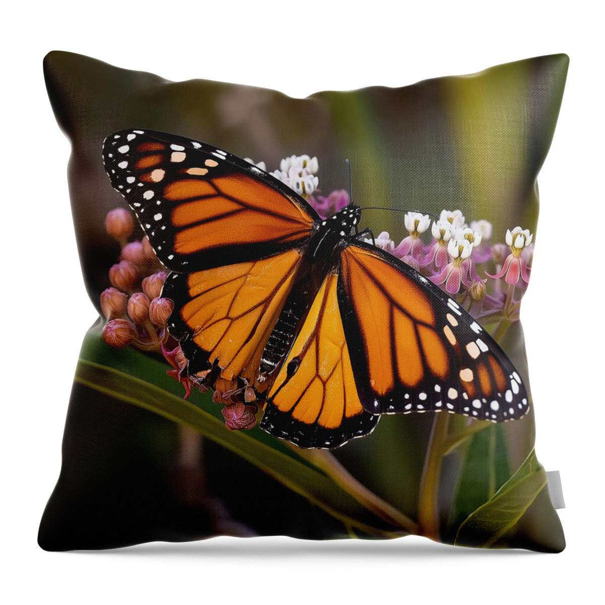 Monarch Butterfly on Bright Flowers - Throw Pillow