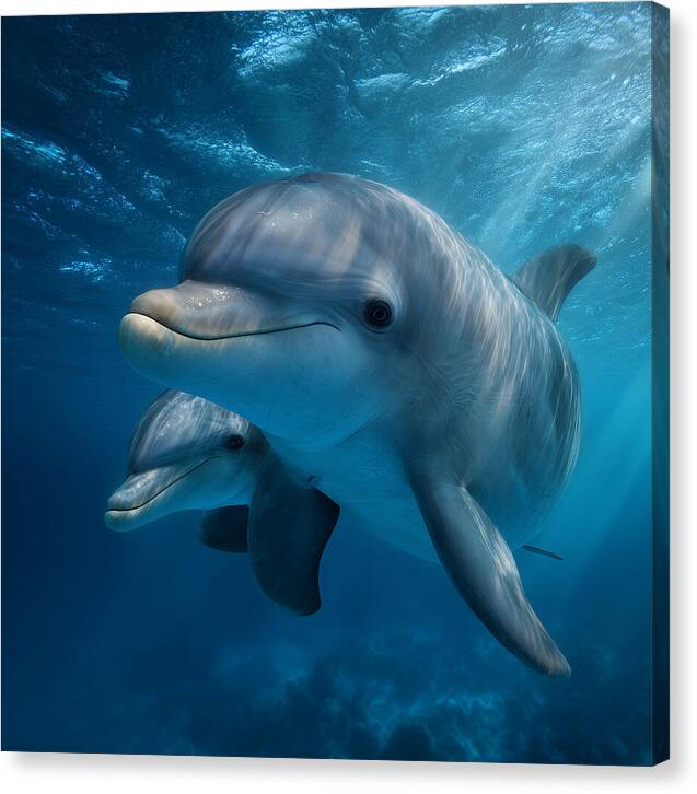 Pair of Graceful Dolphins Swimming - Canvas Print