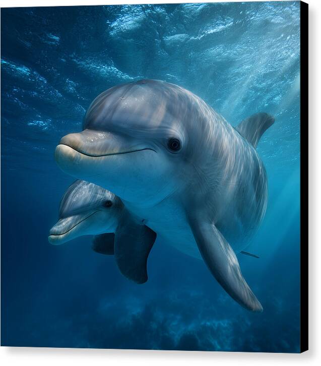 Pair of Graceful Dolphins Swimming - Canvas Print