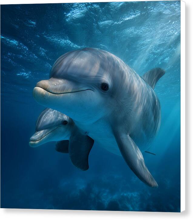 Pair of Graceful Dolphins Swimming - Canvas Print