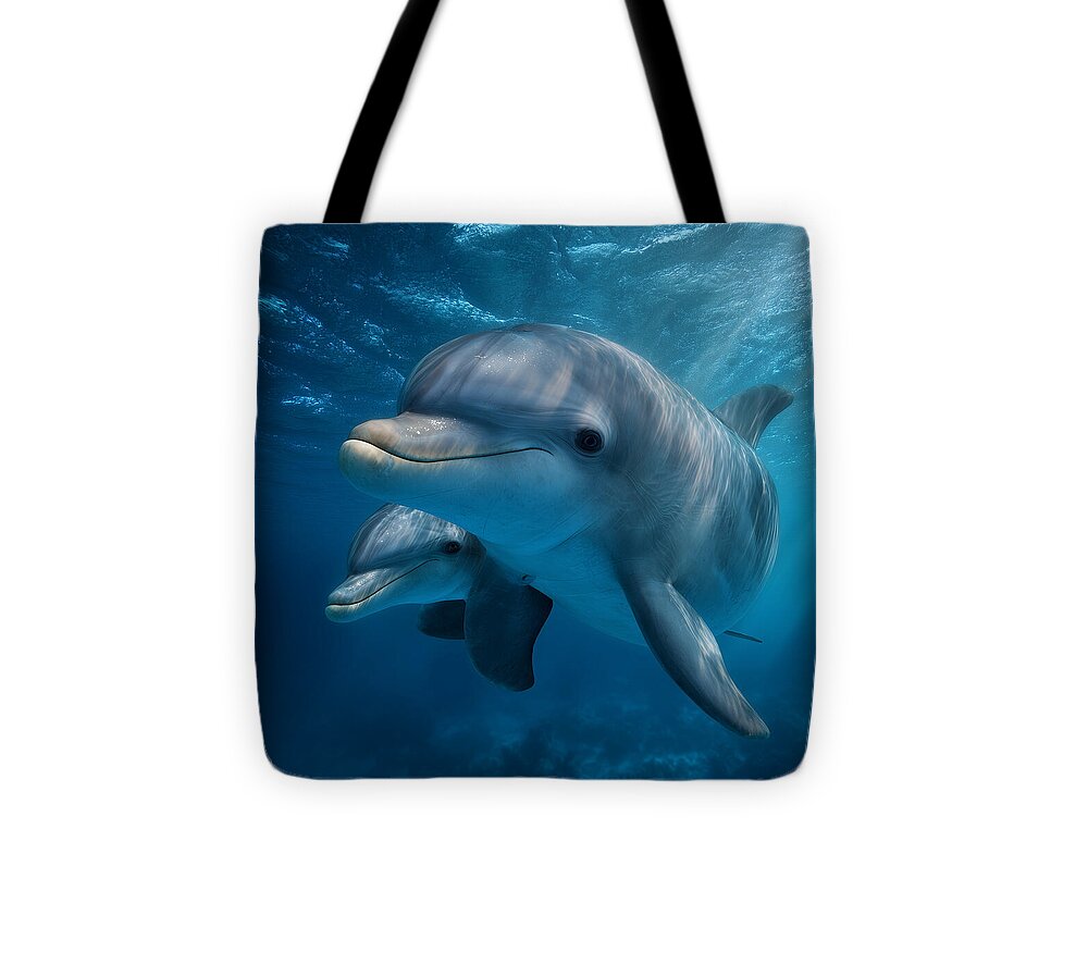 Pair of Graceful Dolphins Swimming - Tote Bag
