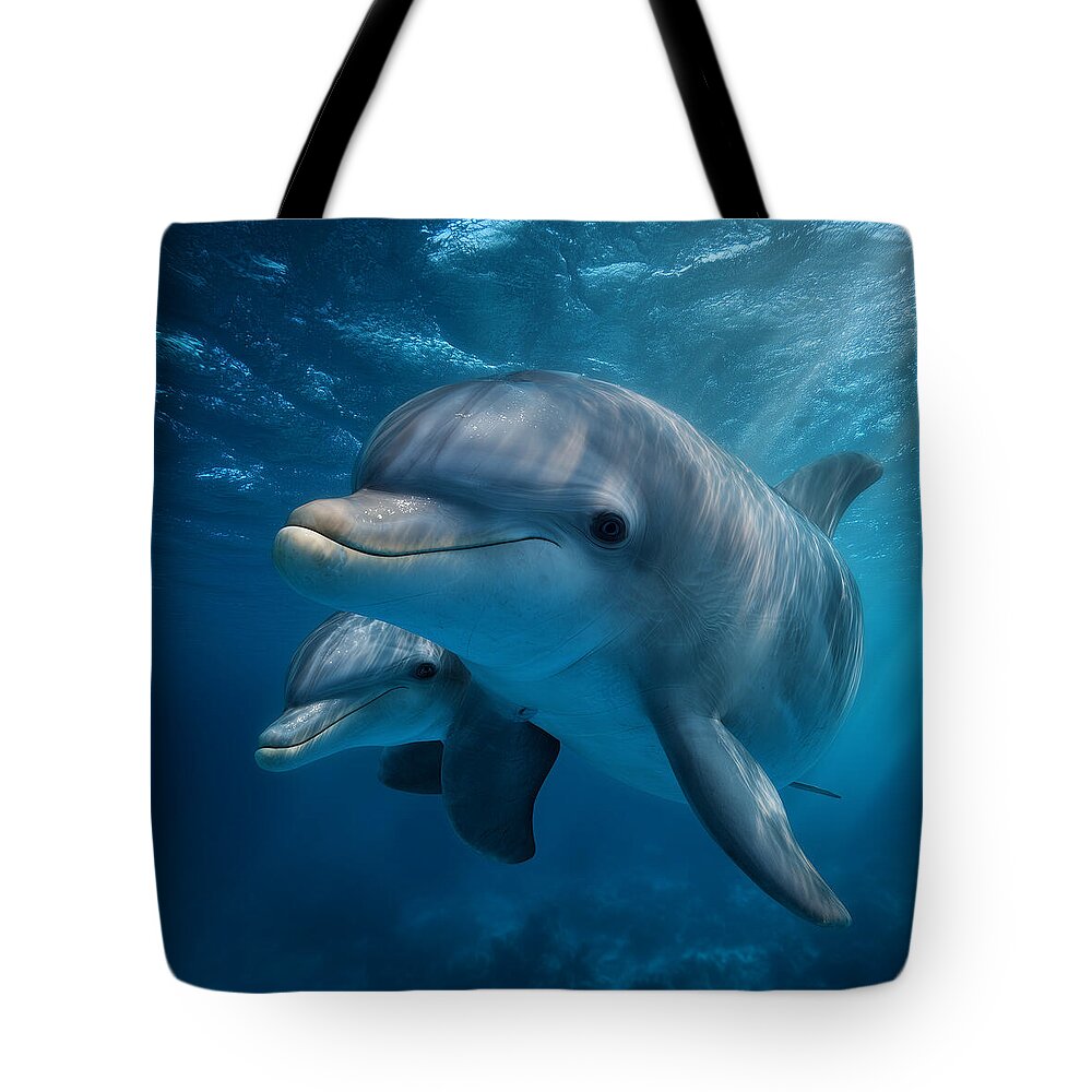Pair of Graceful Dolphins Swimming - Tote Bag