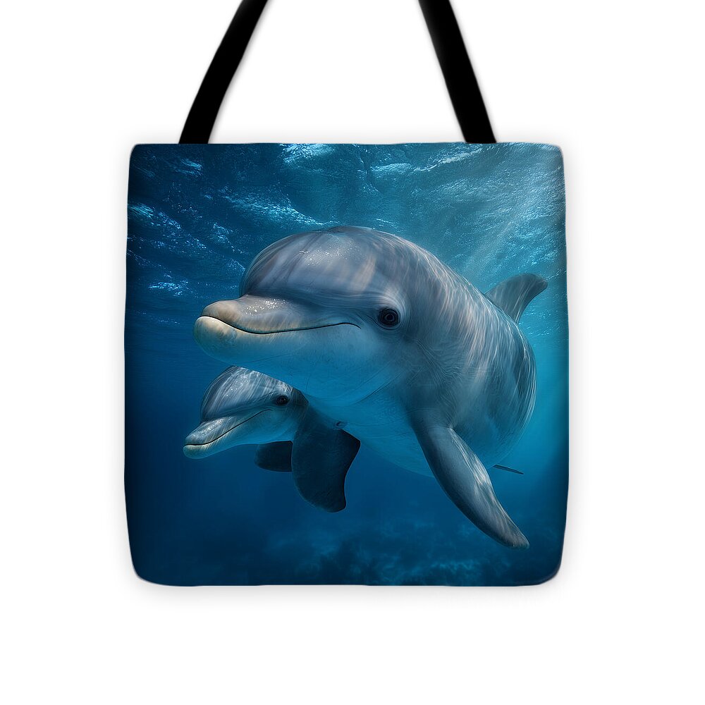 Pair of Graceful Dolphins Swimming - Tote Bag