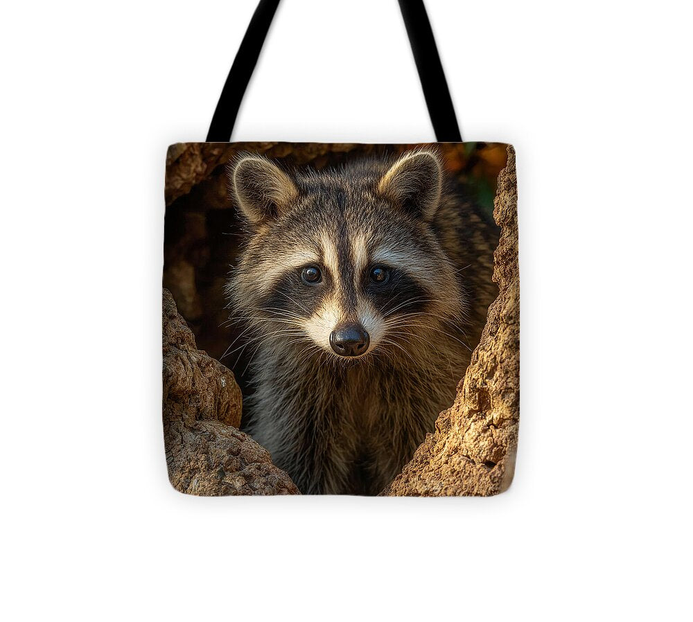 Raccoon Peeking Through Tree Trunk - Tote Bag