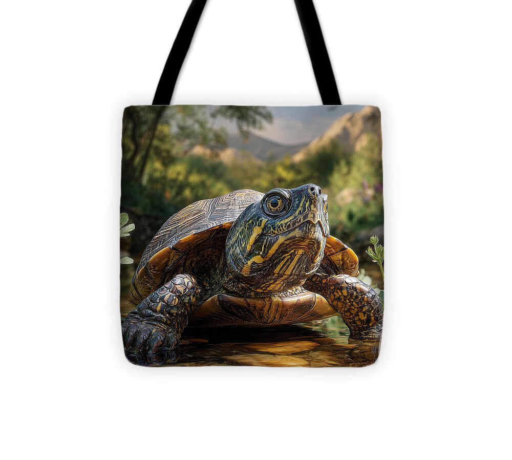 Turtle Near a Peaceful Stream - Tote Bag