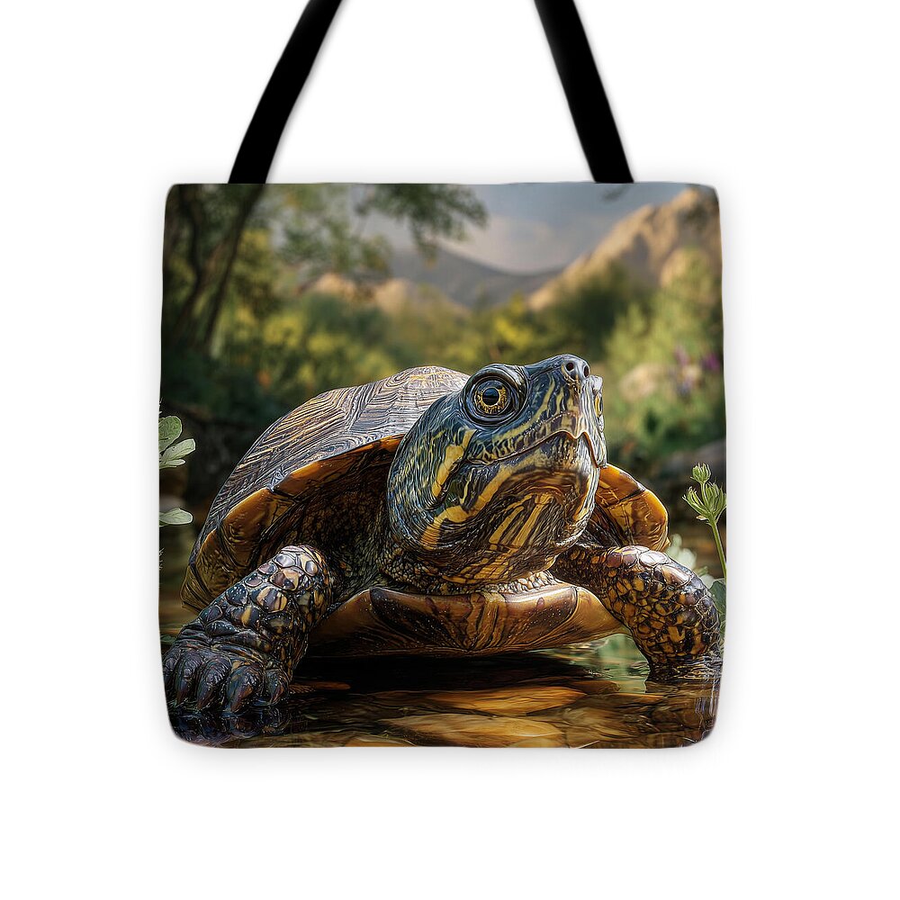 Turtle Near a Peaceful Stream - Tote Bag