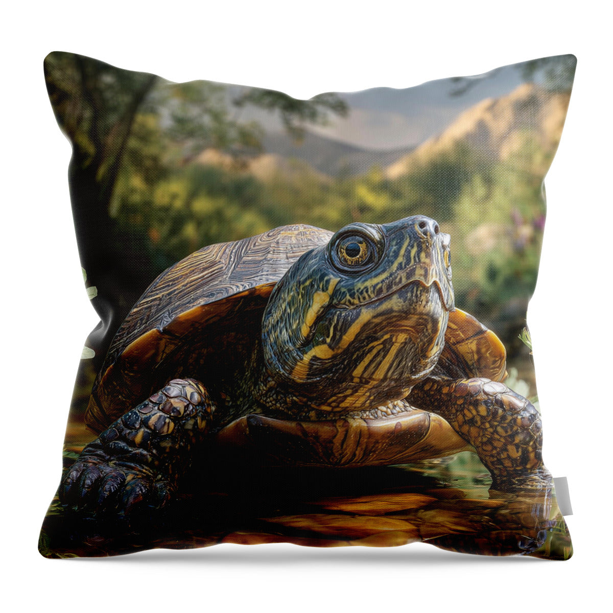 Turtle Near a Peaceful Stream - Throw Pillow