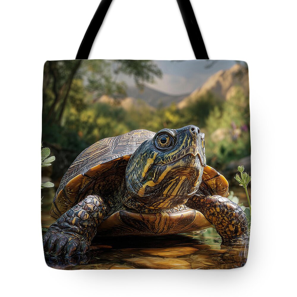 Turtle Near a Peaceful Stream - Tote Bag