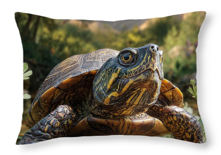 Turtle Near a Peaceful Stream - Throw Pillow