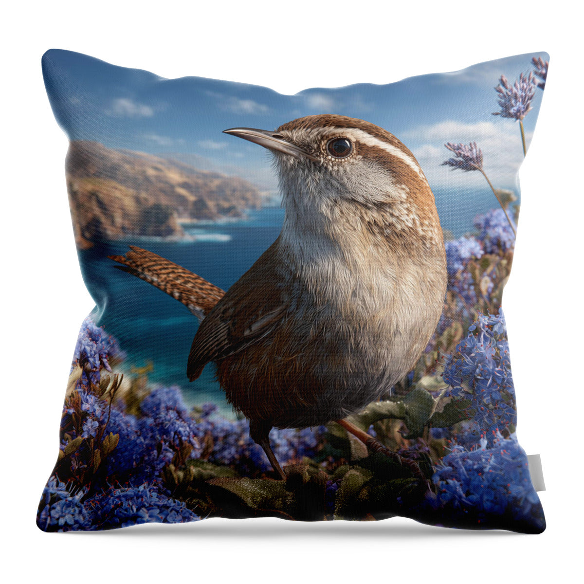 Wren in Coastal Wildflowers - Throw Pillow