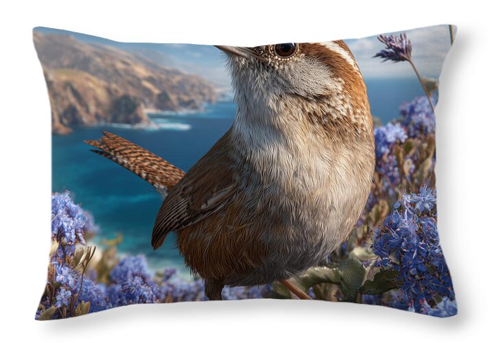 Wren in Coastal Wildflowers - Throw Pillow