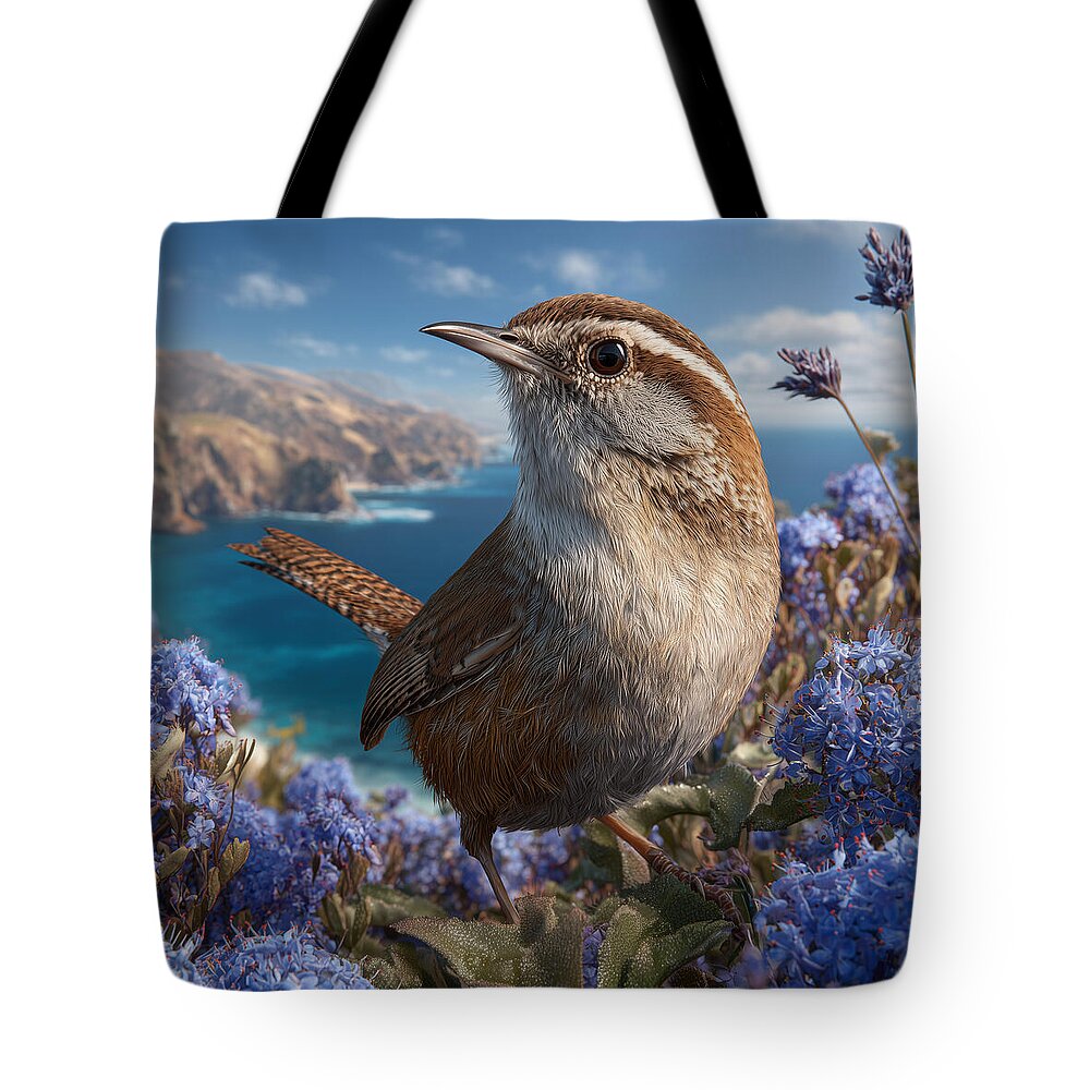 Wren in Coastal Wildflowers - Tote Bag